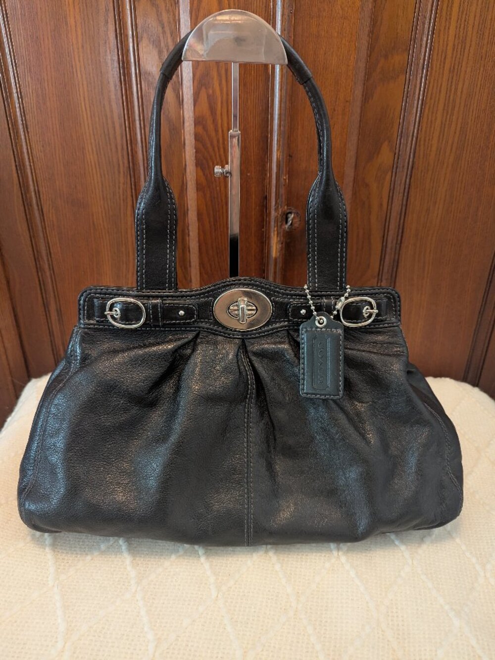 COACH Mia/garnet Black Pleated Leather Carryall Shoulder Bag 13914